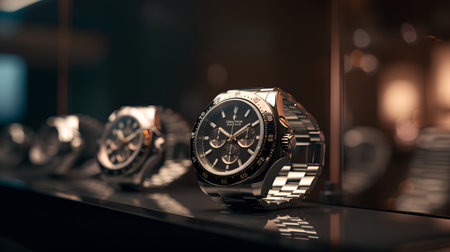 Luxury wrist watch on display in a shop window. 3d rendering.の素材