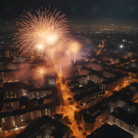 Aerial view of a city at night with fireworks in the skyの素材