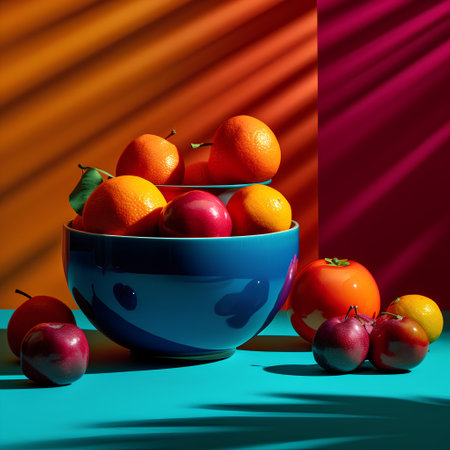 Fruits in a blue bowl on a red background. 3d renderingの素材