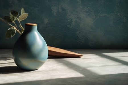 Blue ceramic vase on the table in front of a blue wallの素材