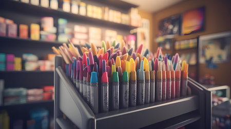 Colorful markers in a box on the background of the shelves of the storeの素材