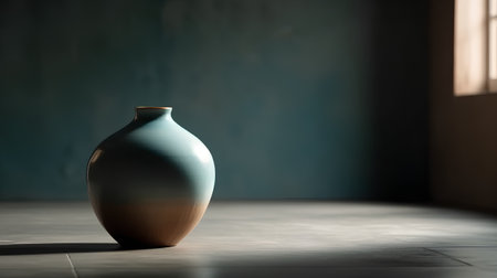 Empty ceramic vase on the floor in a room with dark blue wallの素材