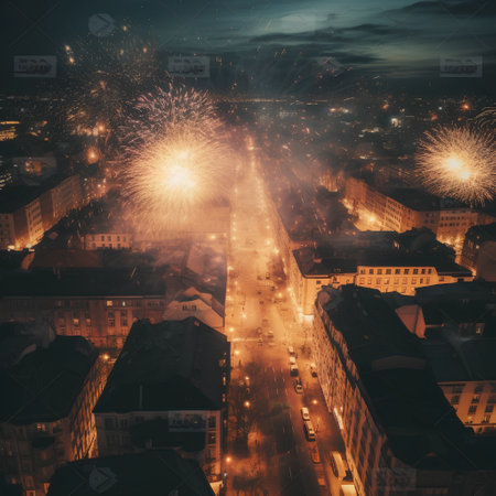 Aerial view of the city at night with fireworks in the skyの素材