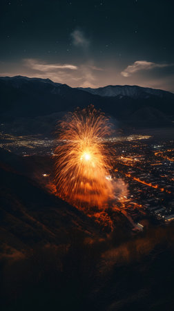 Aerial view of fireworks in the night sky over the city.の素材