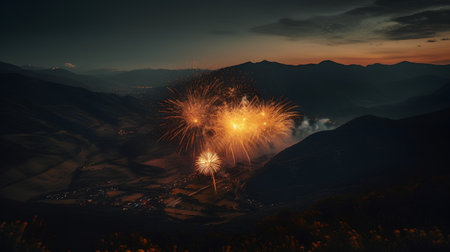 Beautiful fireworks on the background of the mountains at sunset. Toned.の素材