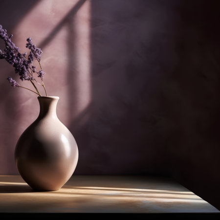 Vase with lavender flowers on wooden table in front of wallの素材