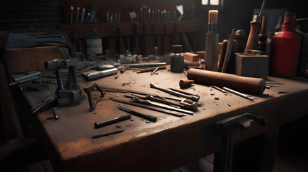 Carpenter's work table with tools and instruments. Selective focusの素材