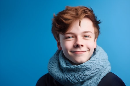 young red-haired boy in a scarf on a blue background.の素材