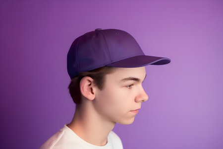 Portrait of young man in a baseball cap on a purple backgroundの素材