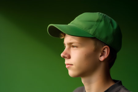 Portrait of a young man in a baseball cap on a green backgroundの素材