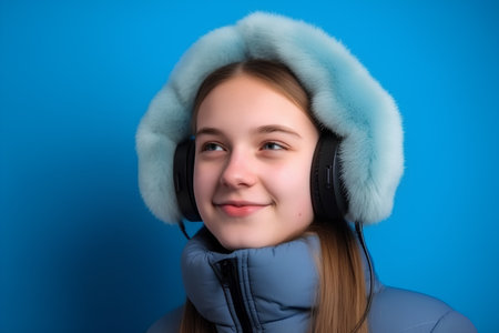Young girl in winter clothes listening to music with headphones on blue backgroundの素材