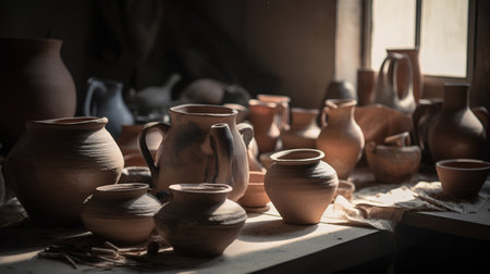 Clay pottery in a pottery workshop. Selective focus.の素材
