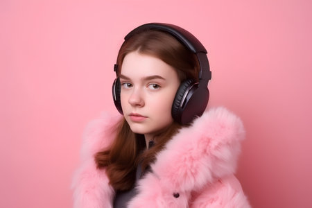 Portrait of a beautiful young woman listening to music with headphones on pink backgroundの素材