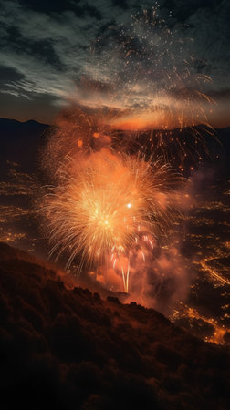 Beautiful fireworks in the night sky over the mountains. 3d renderingの素材