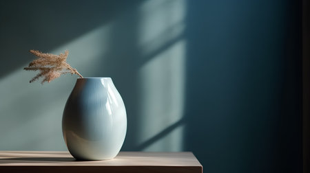 Vase with dry grass on the table against the blue wall.の素材