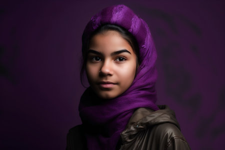 Portrait of a beautiful asian woman with purple scarf on her headの素材