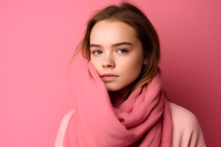 Portrait of beautiful young woman in pink scarf over pink background.の素材