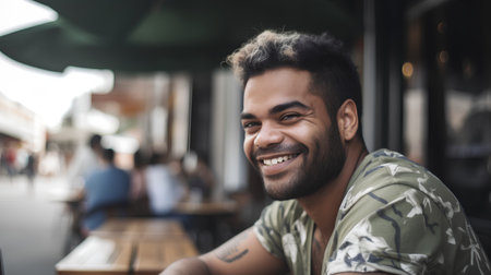 Portrait of a handsome young man smiling at the camera in a cafeの素材