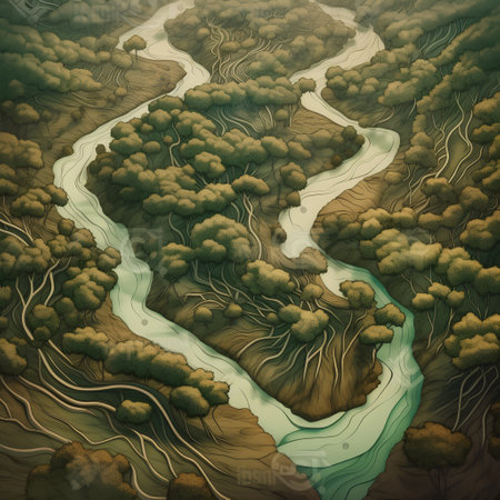Aerial view of the river, forest and hills. Vector illustrationの素材