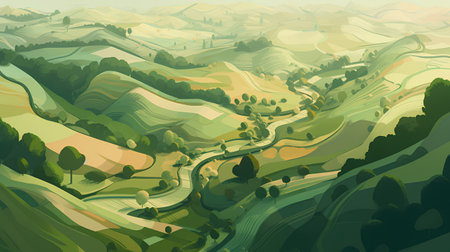 Mountain landscape with winding road. Vector illustration in cartoon style.の素材