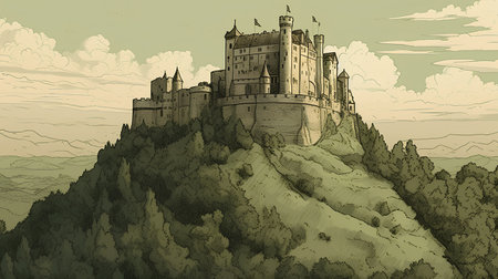 Castle on the hill. Vector illustration in hand drawn style.の素材