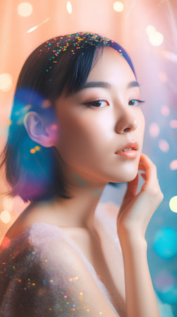 Portrait of beautiful asian woman with colorful bokeh lights background.の素材