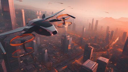 Drone flying over the city. 3D Rendering Illustrationの素材
