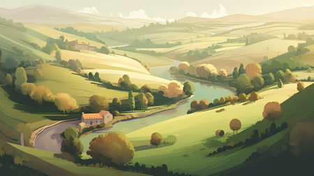 Autumn landscape with river and village on hills. Vector illustration.の素材