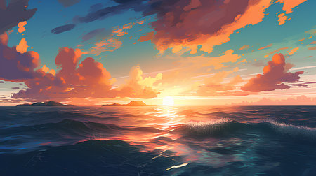 Sunset on the sea. Vector illustration of the sea landscape.の素材