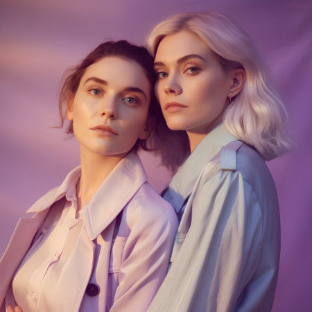 Two beautiful women in white coats on a purple background. Fashion shot.の素材