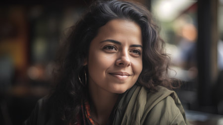 Portrait of a beautiful latin woman in a coffee shop.の素材