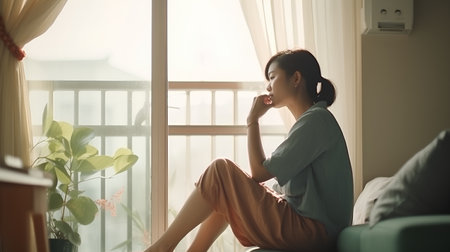 Young woman in pajamas sitting on sofa and talking on mobile phoneの素材