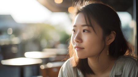 Portrait of a beautiful young asian woman in coffee shop.の素材