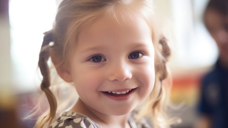 Portrait of a cute little girl smiling at the camera in a cafeの素材