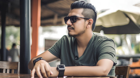 Young handsome asian man using smart watch in coffee shop. Vintage toneの素材