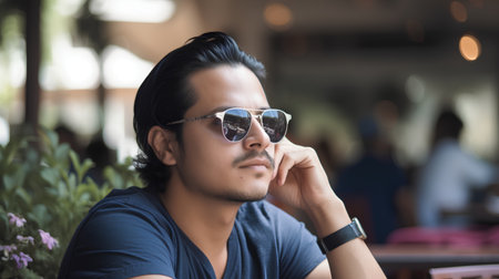 Portrait of young Asian man wearing sunglasses in the coffee shop.の素材