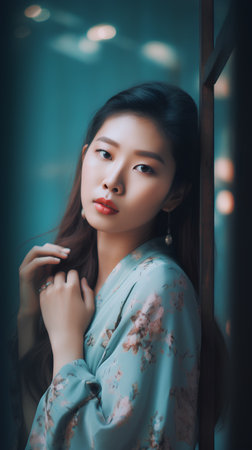 Portrait of a beautiful asian woman wearing a turquoise dressの素材