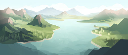 Landscape with mountains and lake. Vector illustration in flat style.の素材