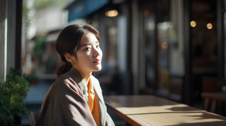 Portrait of a beautiful young asian woman sitting in a cafeの素材