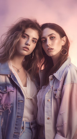 Portrait of two beautiful young women in jeans jackets. Fashion and beauty.の素材
