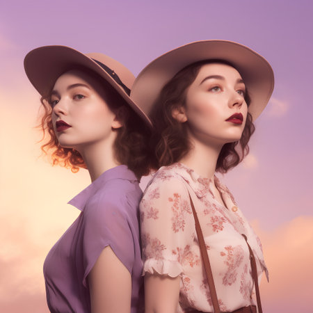 Two young women in hats on the background of the sunset sky.の素材