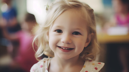 Portrait of a smiling little girl in a cafe. Selective focus.の素材