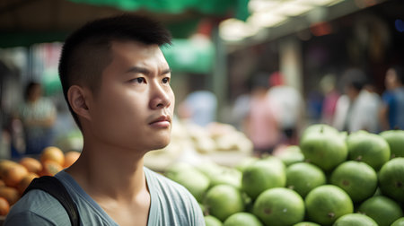 Portrait of a young Asian man thinking and looking at the camera while standing in the market.の素材