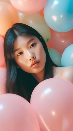 Portrait of beautiful young asian woman with pink and blue balloons.の素材