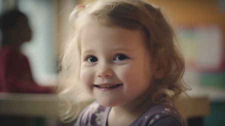 Portrait of a happy little girl in the kindergarten. Selective focus.の素材