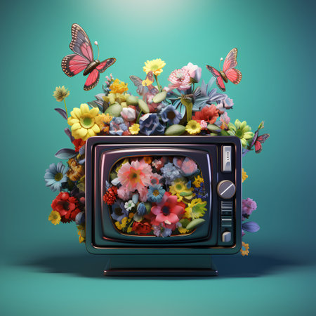Retro TV with flowers and butterflies flying out. 3d illustrationの素材