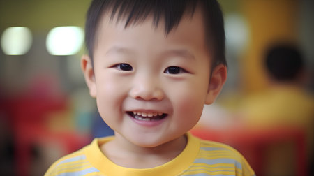 Portrait of a cute asian baby boy smiling with blur backgroundの素材