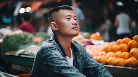 Portrait of a young asian man at the fruit market.の素材