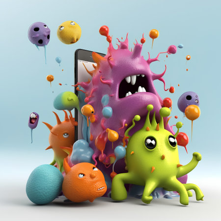 Smartphone and funny monsters. 3D rendering. Mobile phone.の素材