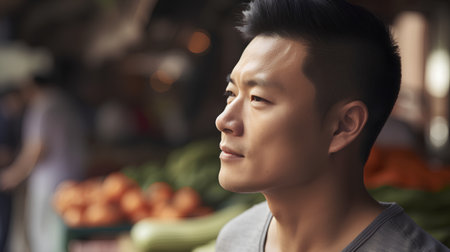 Portrait of a young asian man at the vegetable market.の素材